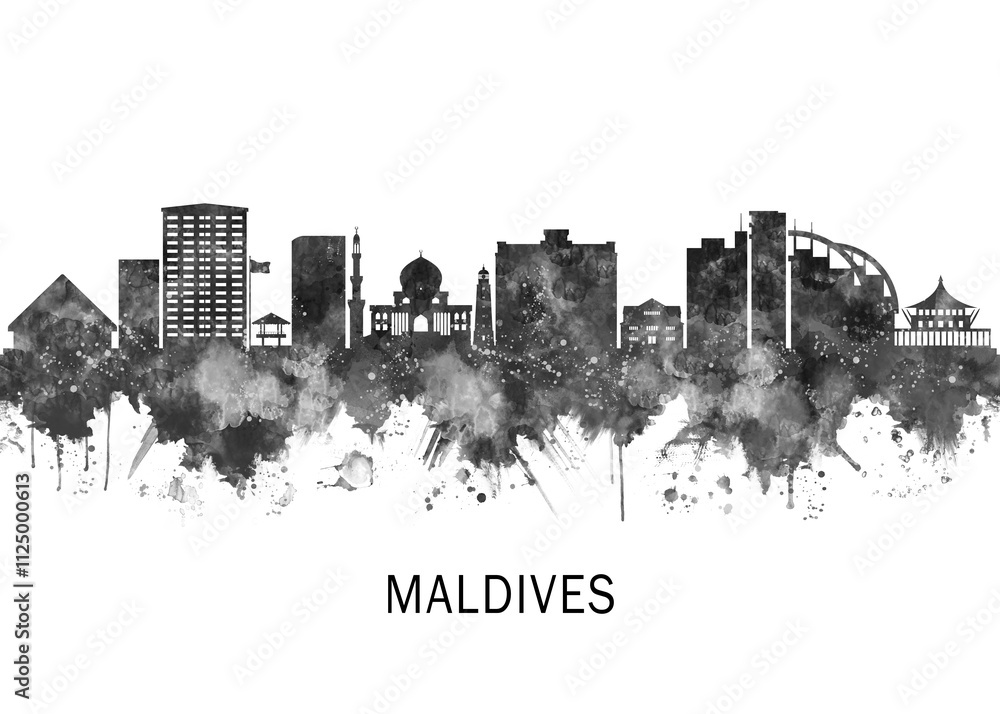 Obraz premium Maldives Skyline BW, landscape watercolor abstract painting travel illustration urban art modern downtown landmarks skyscrapers artwork