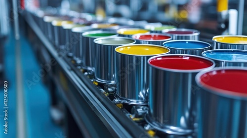 Paint filling line with metal cans gliding along, nozzles dispensing exact quantities of color, lids sealed automatically