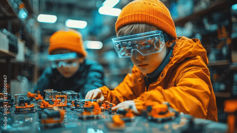 Obraz premium Kids in Future Tech AR Glasses Building
