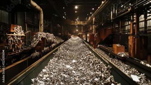 Paper recycling line, shredded paper sorted, pulped and formed into new sheets, conveyor belts and sorting chutes visible photo