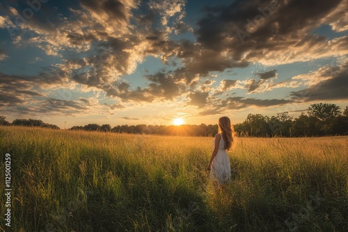 Wallpaper Mural wide-angle shot of outdoor photoshoot with model standing in field during sunset Torontodigital.ca