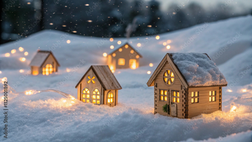 Illuminated Wooden Houses in Snowy Winter Scene Illuminated Wooden Houses in Snowy Winter Scene