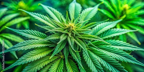 Close-Up of a Cannabis Plant with Vibrant Buds and Leaves, Showcasing the Intricate Textures of Marijuana Cultivation for CBD and THC Products in Vertical Orientation