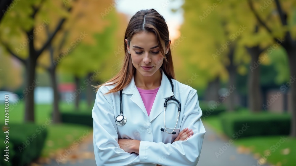Thoughtful healthcare professional in a park setting reflecting on patient care Thoughtful healthcare professional in a park setting reflecting on patient care