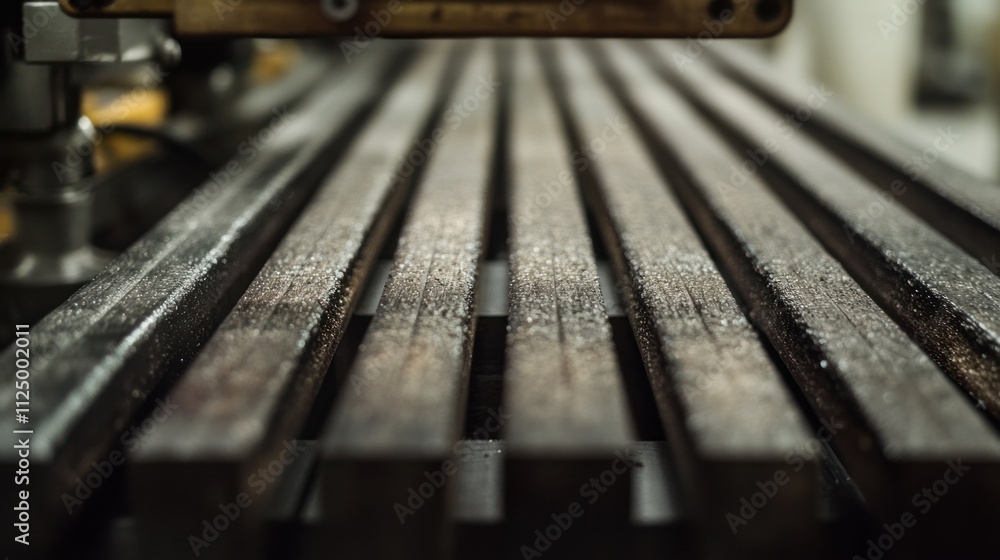 Pencil manufacturing line: wooden slats with grooves, graphite leads inserted, halves pressed together and lacquered Pencil manufacturing line: wooden slats with grooves, graphite leads inserted, halves pressed together and lacquered