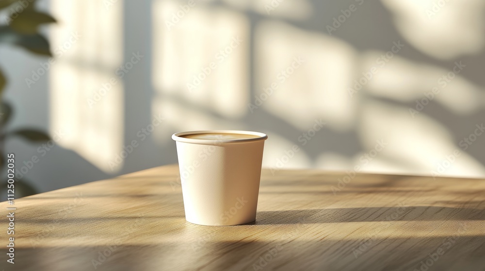 cup coffee beans wooden minimal. A simple white cup sits on a wooden table, illuminated by soft sunlight, casting gentle shadows in a serene, cozy setting. cup coffee beans wooden minimal. A simple white cup sits on a wooden table, illuminated by soft sunlight, casting gentle shadows in a serene, cozy setting.
