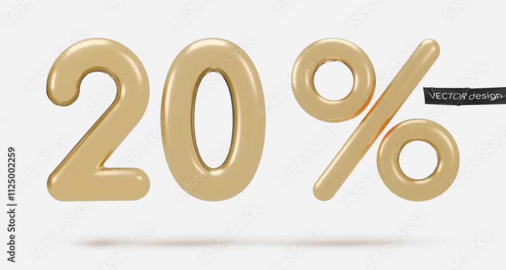 Golden icon, 3d render twenty percent sign, 20 %. Realistic design element. Vector illustration isolated on white for postcard, icons, poster, banner, web, design, arts. Black Friday Sale Golden icon, 3d render twenty percent sign, 20 %. Realistic design element. Vector illustration isolated on white for postcard, icons, poster, banner, web, design, arts. Black Friday Sale