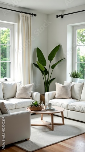 Stylish and Cozy Living Room with Modern Furniture and Lush Green Plants