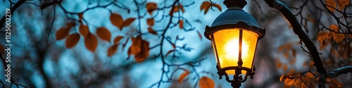 close-up of streetlamp glowing softly against backdrop of leafy branches photo