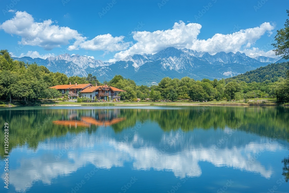 lakeside with a reflection of the sky and mountains, Generative AI lakeside with a reflection of the sky and mountains, Generative AI