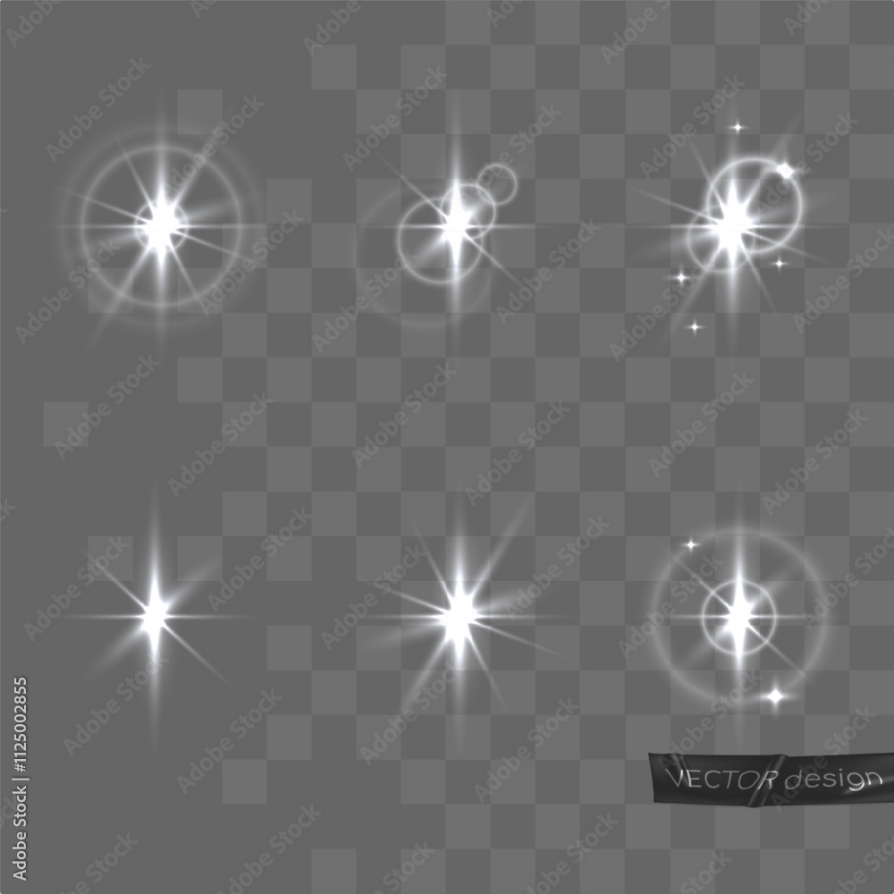 Set silver sparkles, glowing light effect with white circles, stars. Vector illustration isolated on transparent. Holiday Light Rays for card, party, design, flyer, poster, banner, web, advertising Set silver sparkles, glowing light effect with white circles, stars. Vector illustration isolated on transparent. Holiday Light Rays for card, party, design, flyer, poster, banner, web, advertising