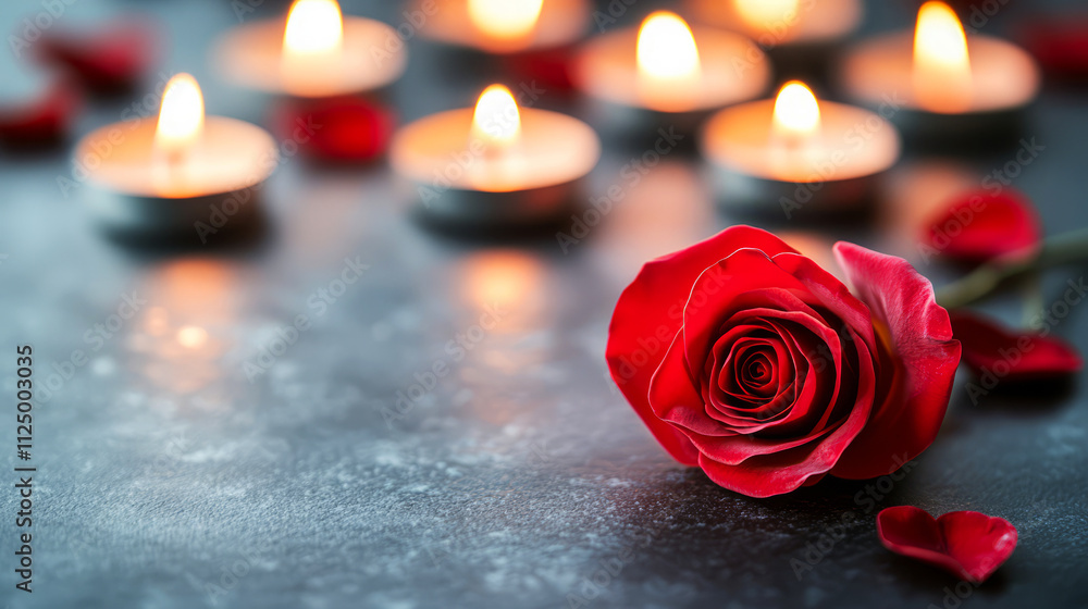 Romantic Red Rose with Candlelight and Petals on a Dark Background for Love and Intimacy Romantic Red Rose with Candlelight and Petals on a Dark Background for Love and Intimacy
