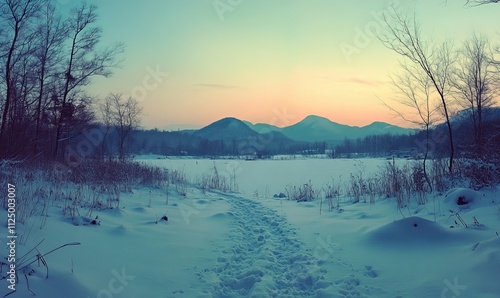 peaceful snowy landscape with mountains in the distance, Generative AI