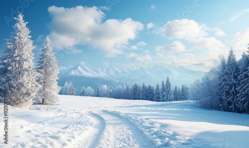 peaceful snowy landscape with mountains in the distance, Generative AI