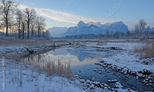 peaceful snowy landscape with mountains in the distance, Generative AI