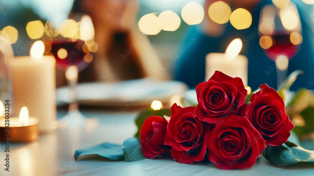 Obraz premium Romantic Dinner Setting with Red Roses, Soft Candles, and Blurred Background Lights