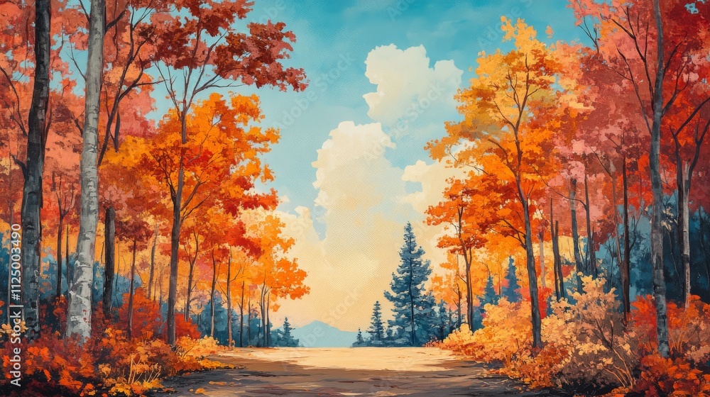 Autumnal Forest Path Scenic Landscape Painting Autumnal Forest Path Scenic Landscape Painting