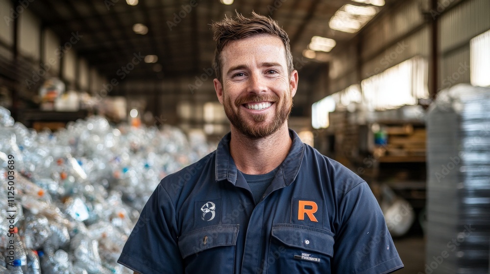 Caucasian male adult smiling in warehouse with recycled materials and industrial background Caucasian male adult smiling in warehouse with recycled materials and industrial background