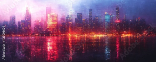 pixelated city skyline at night with lights and reflections, Generative AI