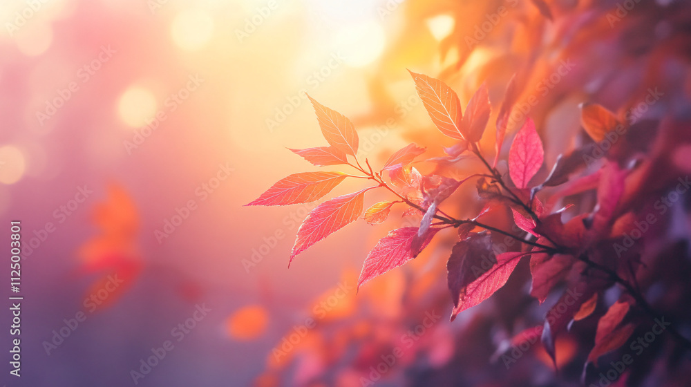 Enchanting autumn sunrise with soft light highlighting colorful leaves in misty forest Enchanting autumn sunrise with soft light highlighting colorful leaves in misty forest