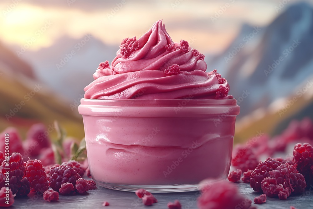 A bowl of frozen raspberry yogurt with whipped cream topping, and a backdrop of a sunset over mountains A bowl of frozen raspberry yogurt with whipped cream topping, and a backdrop of a sunset over mountains