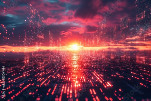 retro 80s style digital grid with a sunset in the background, Generative AI