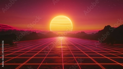 retro 80s-style grid landscape with neon lights and a sun, Generative AI