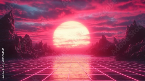 retro 80s-style grid landscape with neon lights and a sun, Generative AI
