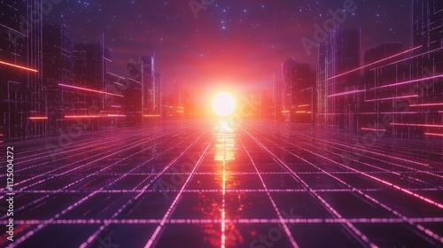 retro 80s-style grid landscape with neon lights and a sun, Generative AI