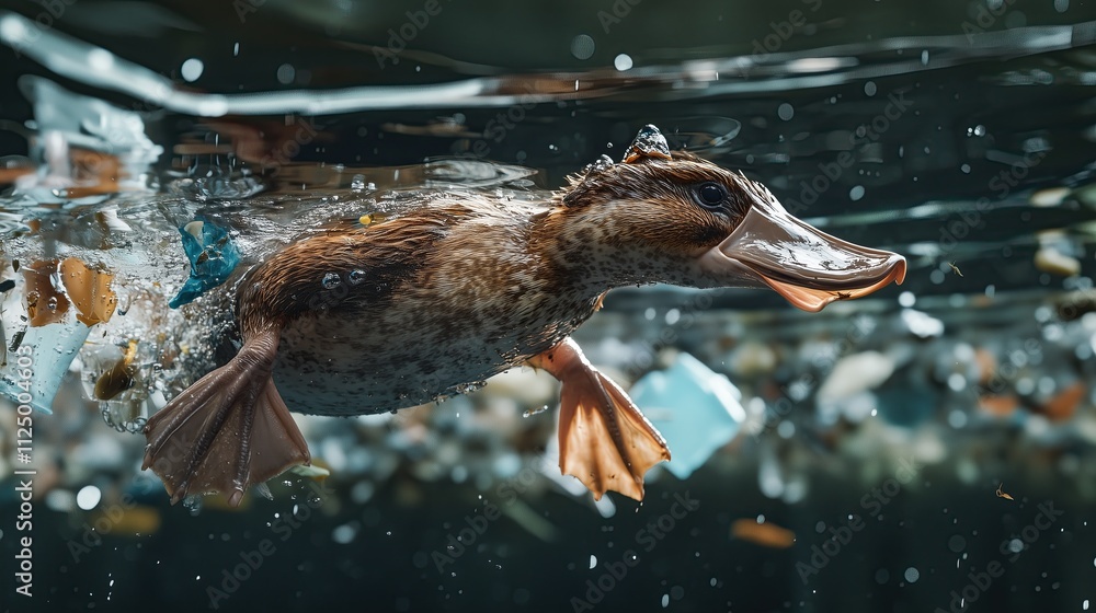 Obraz premium Distressed platypus surrounded by chemical runoff and microplastics, close-up environmental conservation image