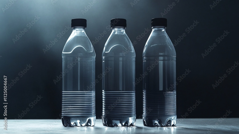 Three plastic water bottles standing on a table in a dark room Three plastic water bottles standing on a table in a dark room