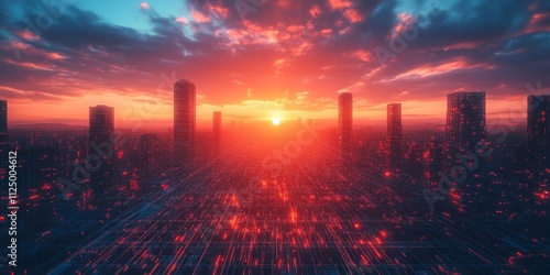 retro futuristic grid landscape with a sunset, Generative AI