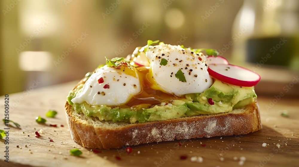 Healthy Avocado Toast with Poached Eggs and Radishes - Fresh and Delicious Breakfast Idea Healthy Avocado Toast with Poached Eggs and Radishes - Fresh and Delicious Breakfast Idea