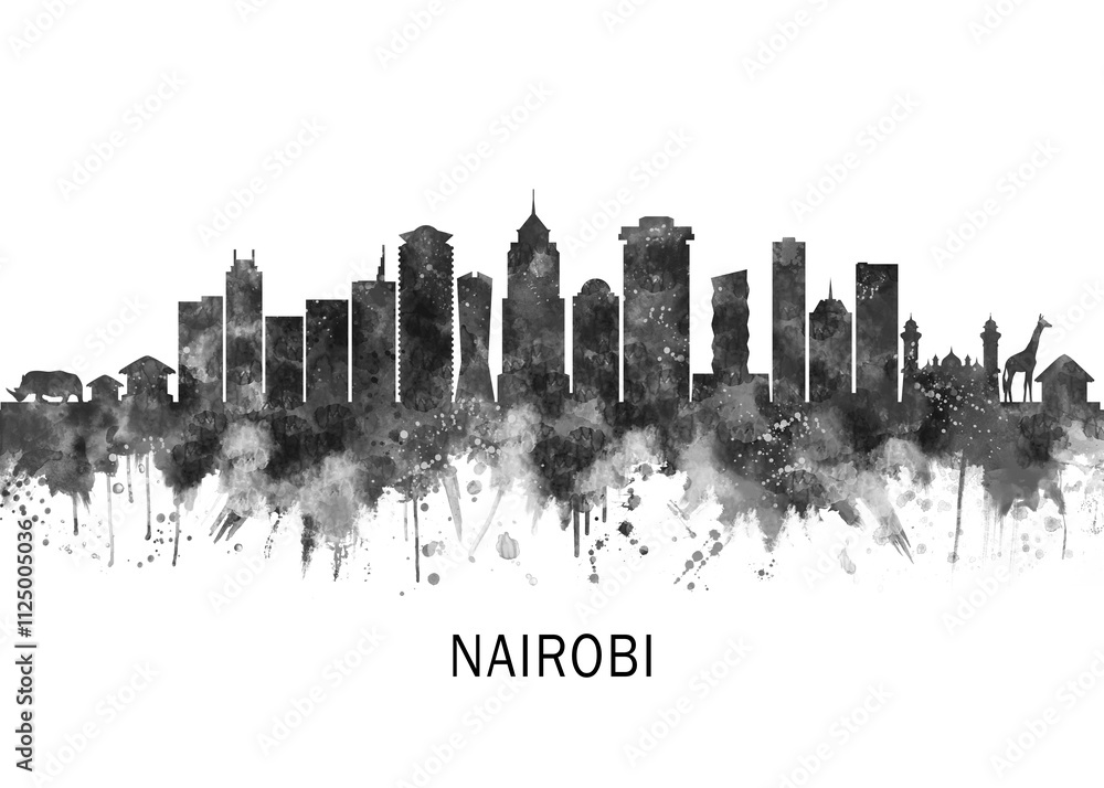 Obraz premium Nairobi Kenya Skyline BW, abstract painting travel illustration urban art modern downtown landmarks skyscrapers colorful artwork architecture