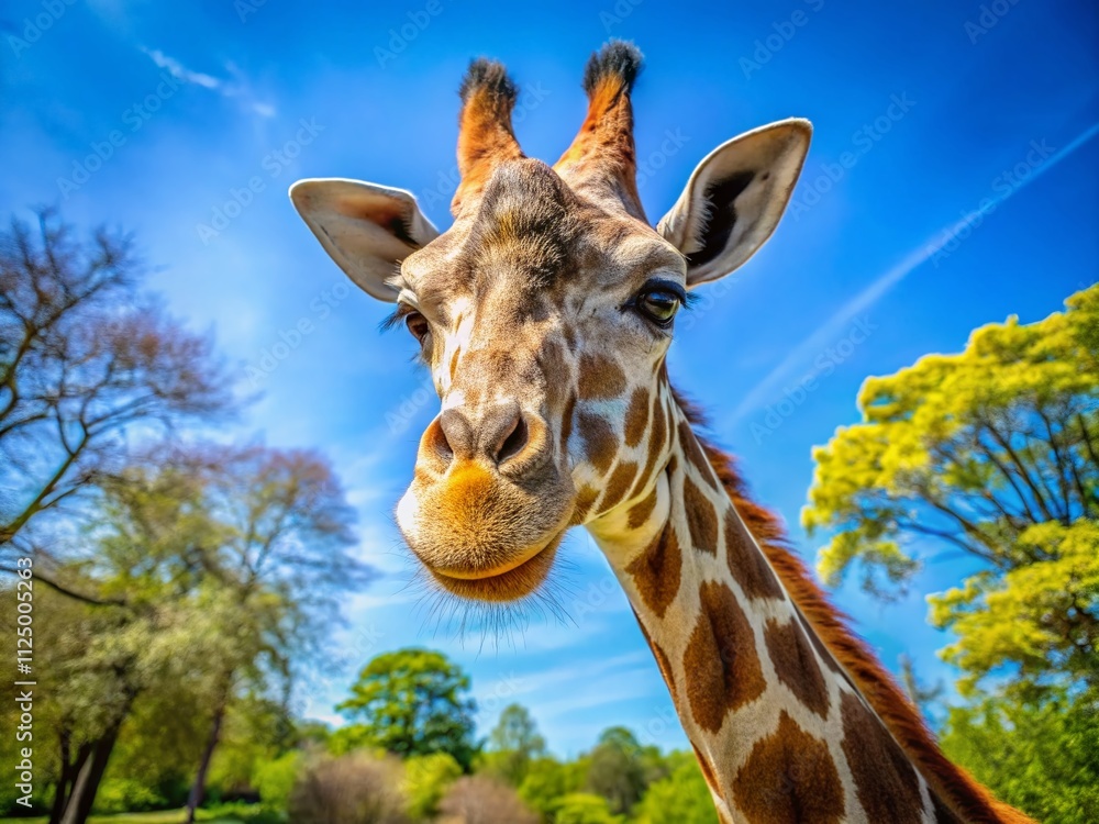 Fototapeta premium Close-Up of a Giraffe in a Zoo on a Sunny Spring Day with a Bright Blue Sky and Lush Green Nature Background, Perfect for Animal Lovers and Nature Enthusiasts