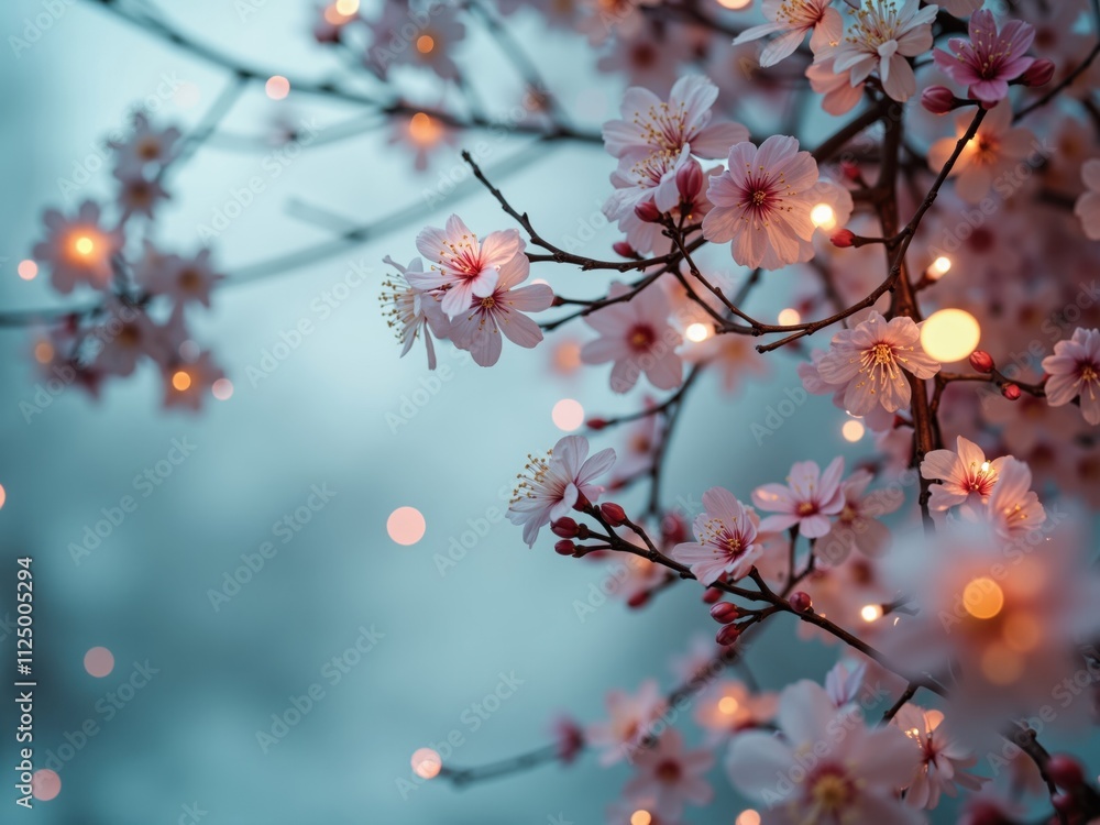 Pink cherry blossom flowers blooming on branches with fairy lights at twilight Pink cherry blossom flowers blooming on branches with fairy lights at twilight