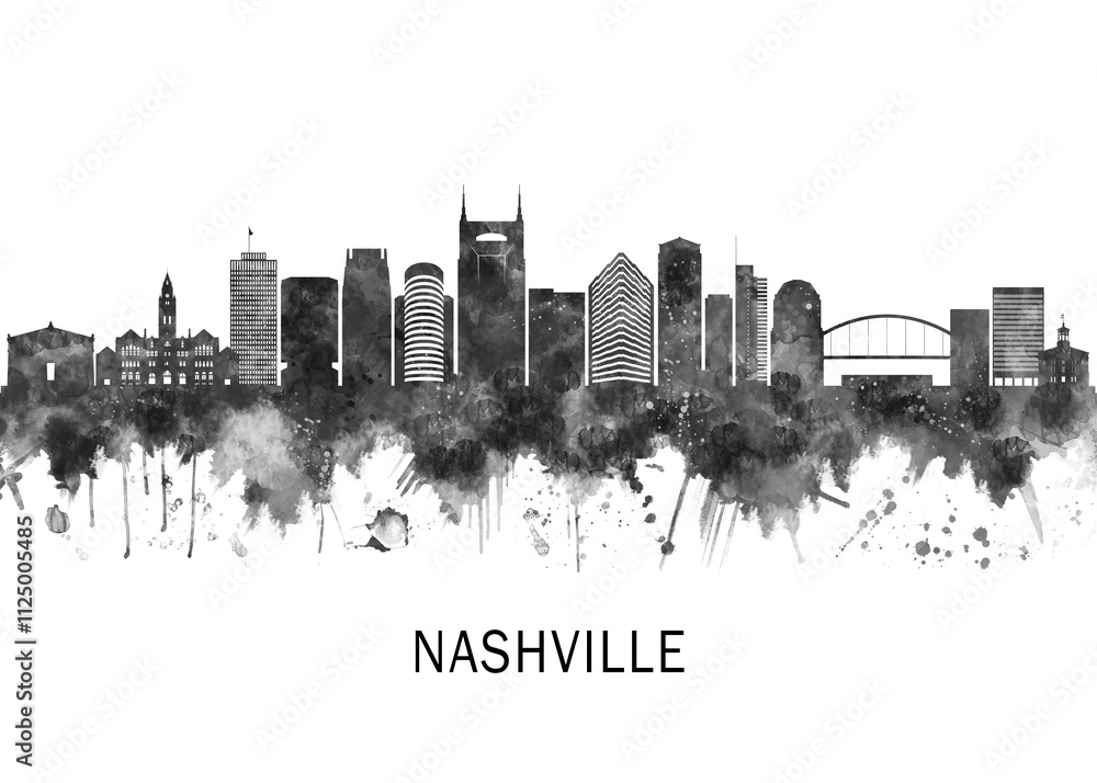 Nashville Tennessee Skyline BW, abstract painting travel illustration urban art modern downtown landmarks skyscrapers colorful artwork architecture