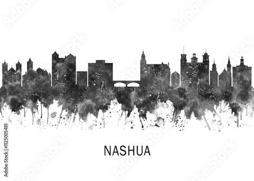 Nashua New Hampshire Skyline BW, abstract painting travel illustration urban art modern downtown landmarks skyscrapers colorful artwork architecture photo