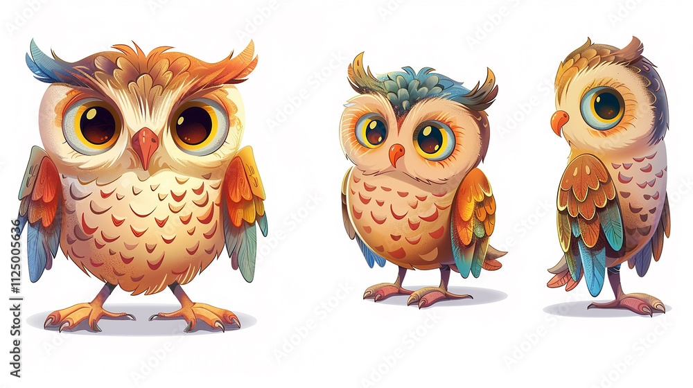 Fototapeta premium Adorable Cartoon Owls with Vibrant Feathers and Expressive Eyes