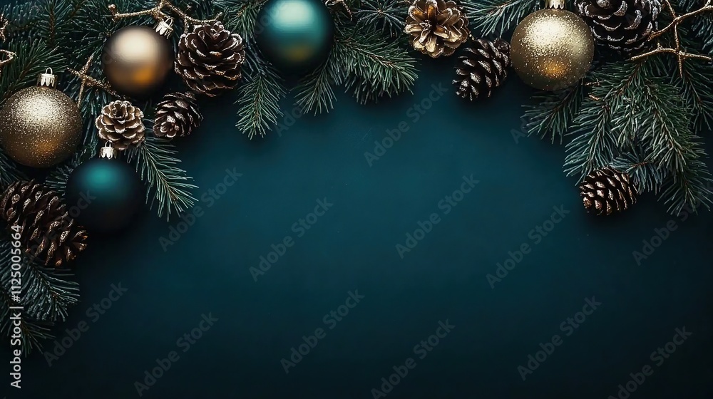 Christmas background with pine branches, gold and teal ornaments, and pine cones on a dark blue-green background with copy space for text or design Christmas background with pine branches, gold and teal ornaments, and pine cones on a dark blue-green background with copy space for text or design