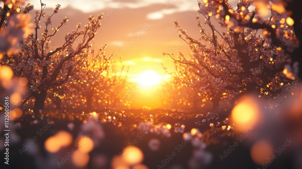 Enchanting Springtime Sunset Amidst Blooming Orchard Enchanting Springtime Sunset Amidst Blooming Orchard