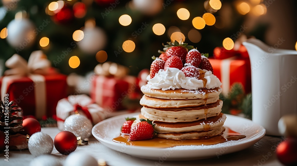 A close-up of a breakfast table featuring a stack of pancakes topped with whipped cream, strawberries, and a drizzle of syrup. The background shows a Christmas tree with soft lights. A close-up of a breakfast table featuring a stack of pancakes topped with whipped cream, strawberries, and a drizzle of syrup. The background shows a Christmas tree with soft lights.