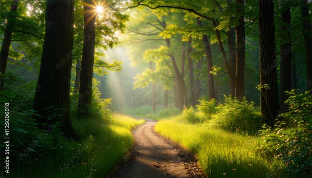 Obraz premium Scenic view of a winding forest path covered with sunlight filtering through the leaves 