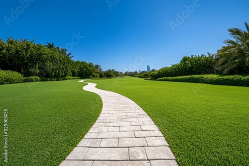 A dynamic image of the Dubai Frame, framed by lush green gardens under a bright blue sky photo