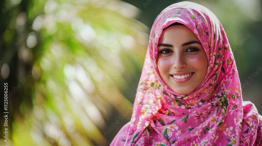 Radiant Young Woman in Floral Hijab Smiling Outdoors Radiant Young Woman in Floral Hijab Smiling Outdoors