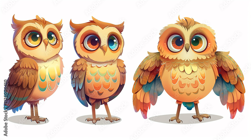Fototapeta premium Adorable Cartoon Owls with Vibrant Feathers and Expressive Eyes