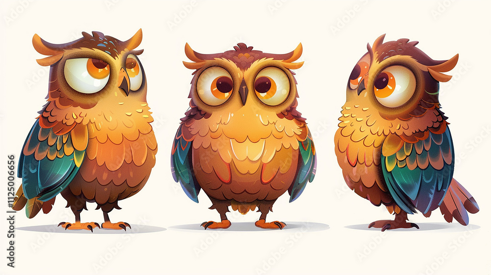Fototapeta premium Adorable Cartoon Owls with Vibrant Feathers and Expressive Eyes