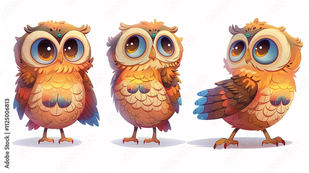 Obraz premium Adorable Cartoon Owls with Vibrant Feathers and Expressive Eyes