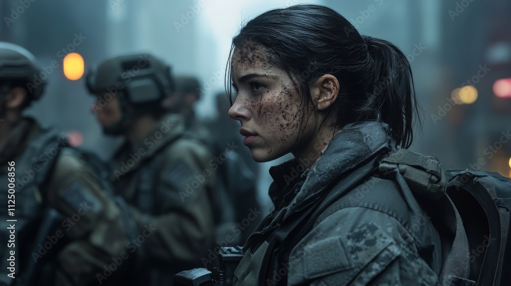 Fototapeta premium Determined asian female soldier in urban combat gear amidst cityscape conflict