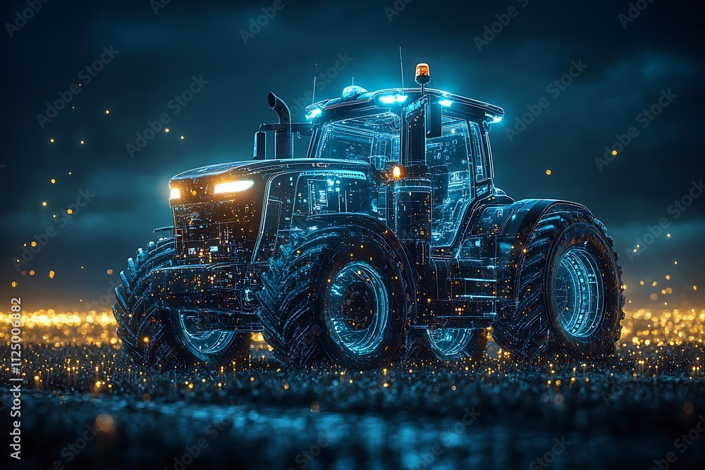 A futuristic tractor made of glowing lines in a field at night. A futuristic tractor made of glowing lines in a field at night.